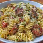 Chicken sausage pasta meal prep bowl with fresh vegetables and herbs