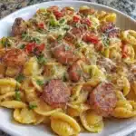 Chicken sausage pasta meal prep bowl with colorful veggies and herbs