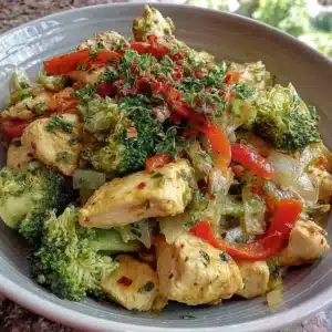 Clean eating chicken veggie stir fry with colorful vegetables in a bowl