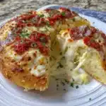 Healthy Cottage Cheese Pizza Bowl topped with fresh vegetables and cheese