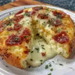 Cottage cheese pizza bowl topped with fresh vegetables and herbs