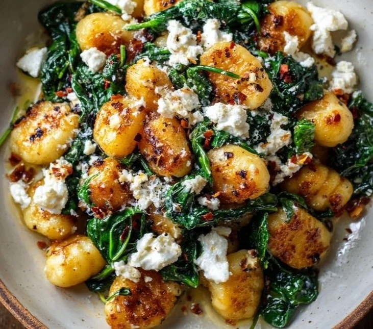 Creamy gnocchi dish with spinach and feta on a plate