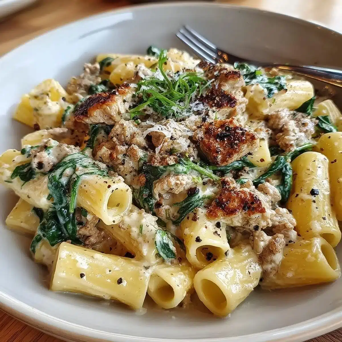 Creamy ground turkey spinach pasta with fresh ingredients served in a bowl.