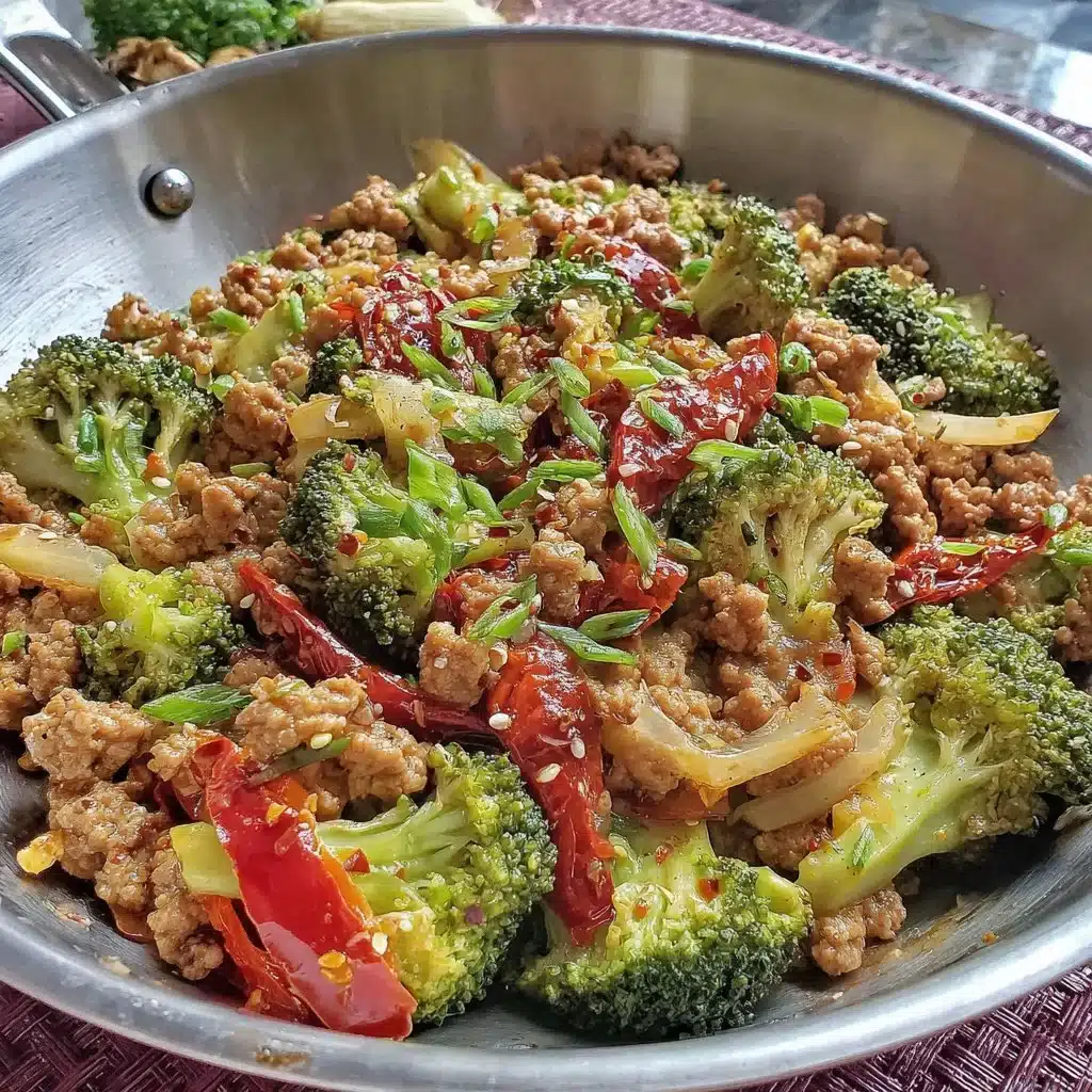 A colorful ground turkey stir fry with vegetables in a skillet