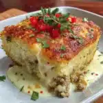 Easy ground turkey rice casserole topped with cheese and vegetables in a baking dish.