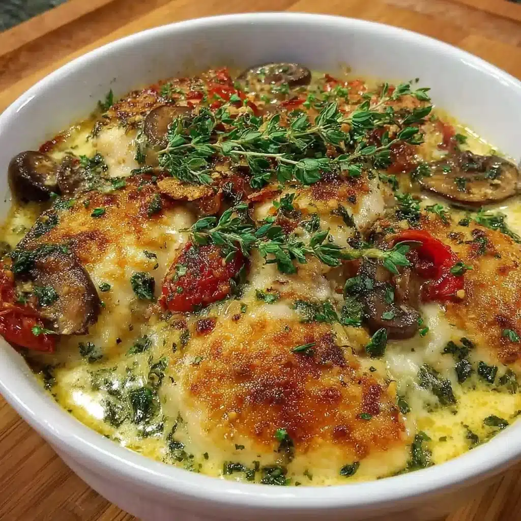 Low-carb chicken bake with spinach and mushrooms in a casserole dish