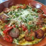 A colorful sausage veggie skillet bowl showcasing fresh ingredients and bold flavors.