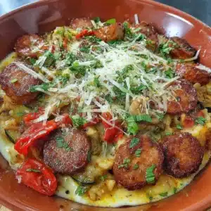 A colorful sausage veggie skillet bowl showcasing fresh ingredients and bold flavors.