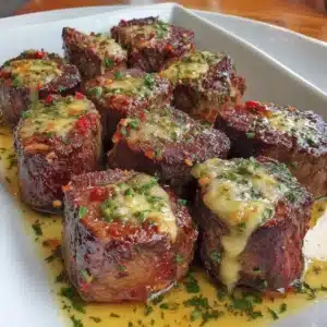 Delicious garlic butter steak bites served in a skillet.