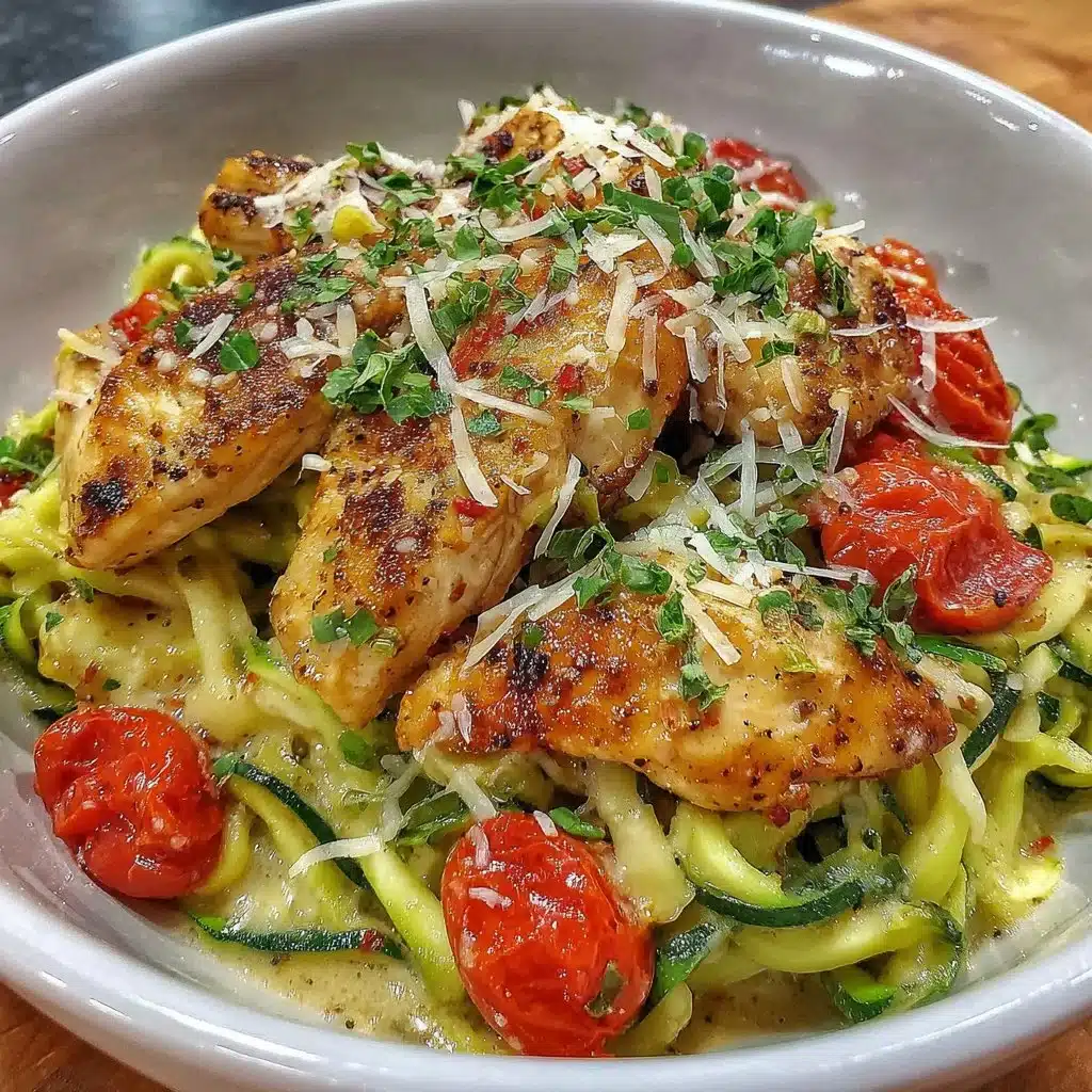 Garlic Chicken Zucchini Noodles Stir Fry in a skillet with vibrant veggies