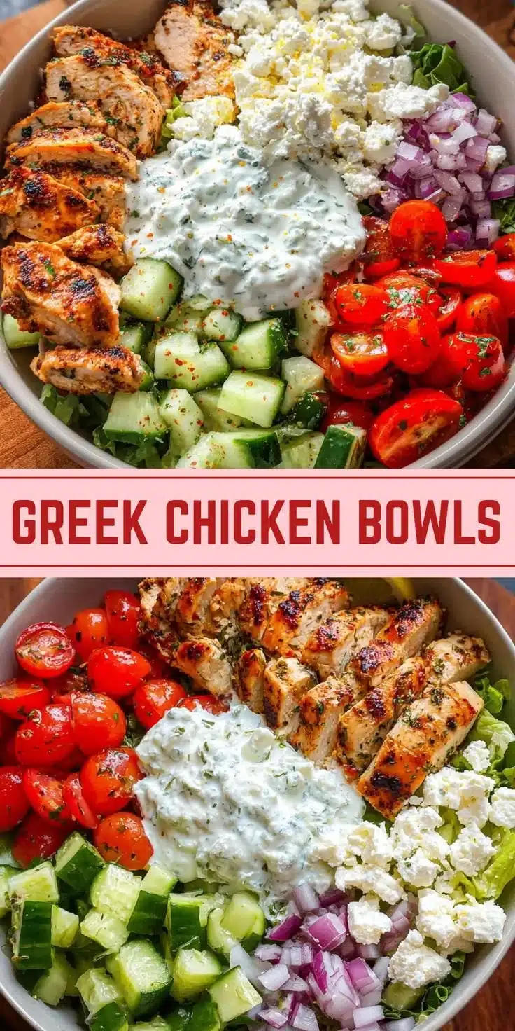 Delicious Greek Chicken Bowl made with tender chicken, fresh vegetables, and Mediterranean flavors.