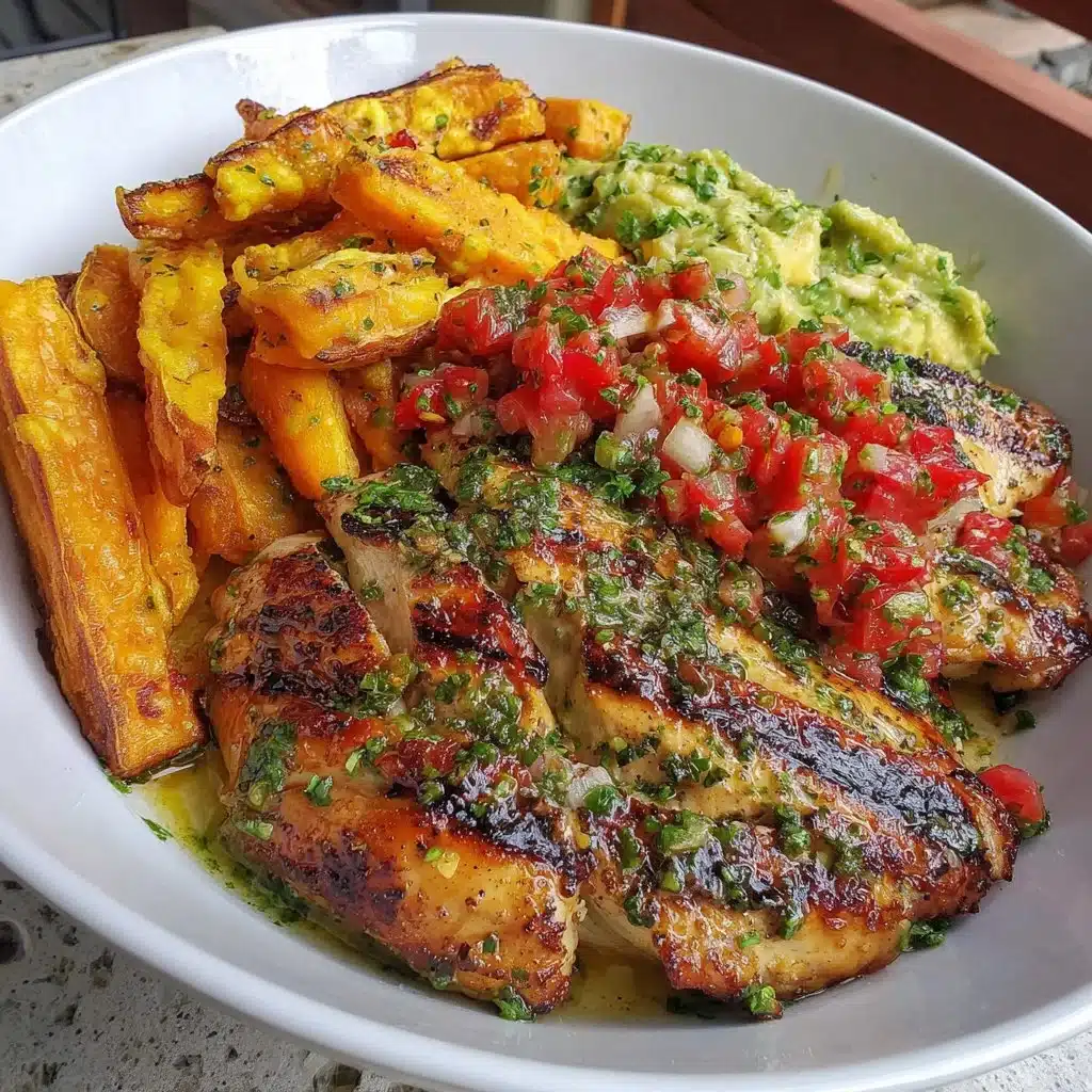 Grilled herb chicken bowl with sweet potato fries and avocado salsa