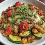 Ground Turkey Zucchini Chickpea Skillet dish in a pan