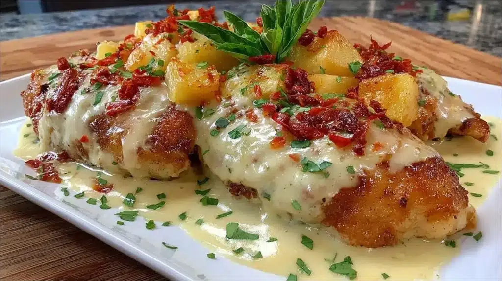 Hawaiian Chicken Sheet Pan with colorful vegetables and tropical garnishes