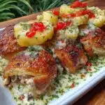 Hawaiian Chicken Sheet Pan dinner with colorful vegetables and sweet sauce