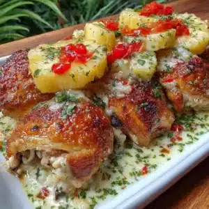 Hawaiian Chicken Sheet Pan dinner with colorful vegetables and sweet sauce