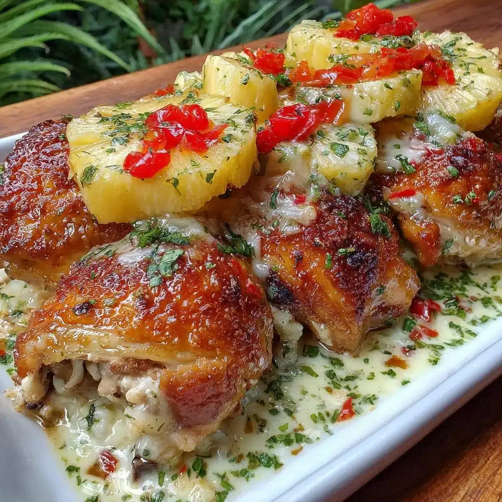 Hawaiian Chicken Sheet Pan dinner with colorful vegetables and sweet sauce