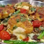 Healthy chicken and vegetables skillet dish ready to serve.