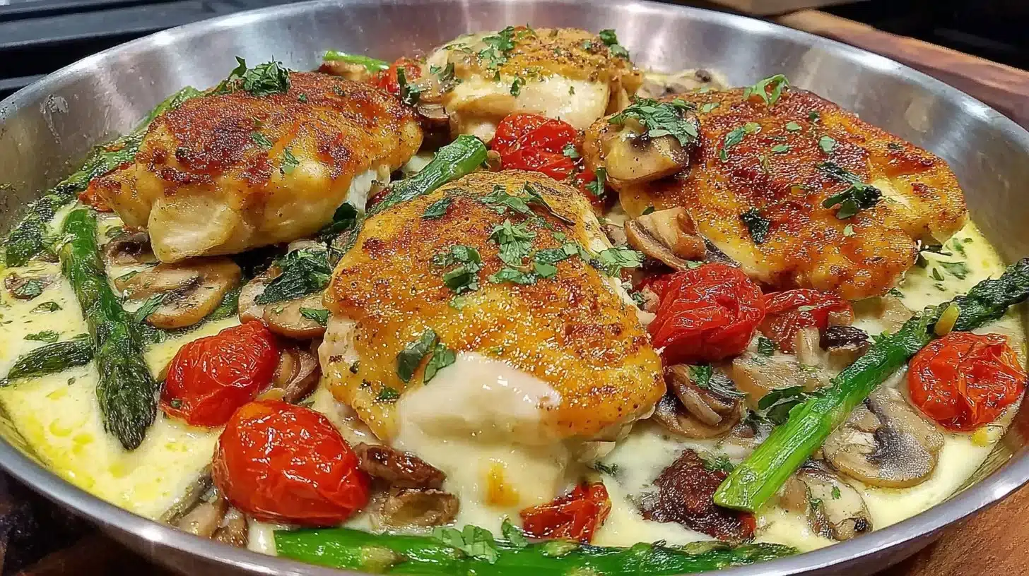 Healthy chicken and vegetables skillet dish ready to serve.