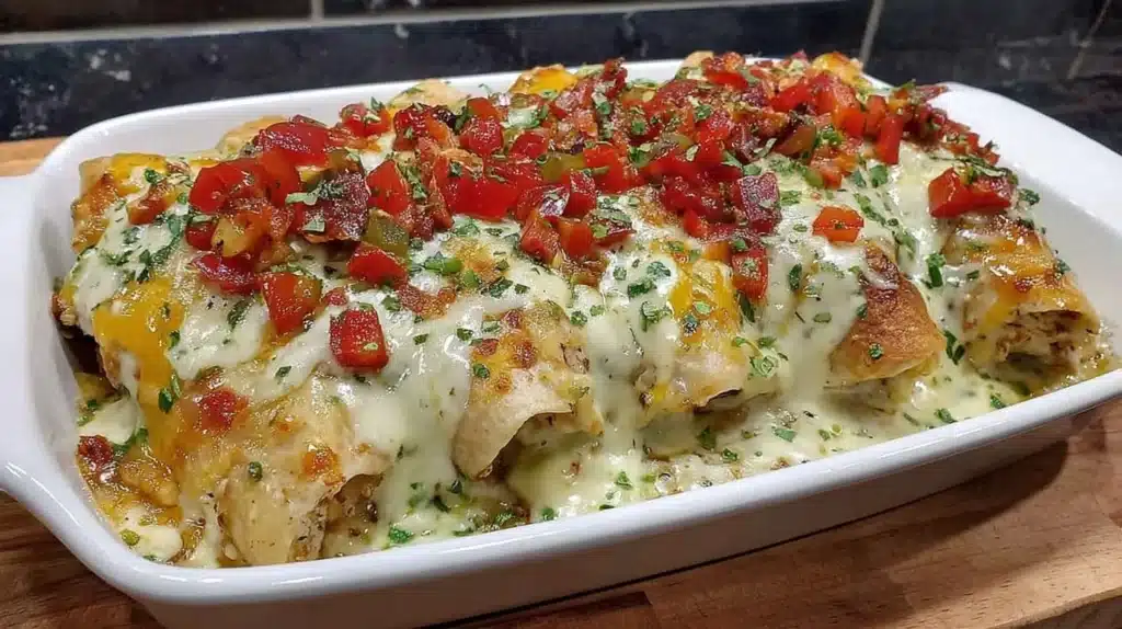 Healthy Chicken Burrito Casserole topped with cheese and fresh ingredients