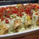 Healthy Chicken Burrito Casserole topped with cheese and fresh ingredients