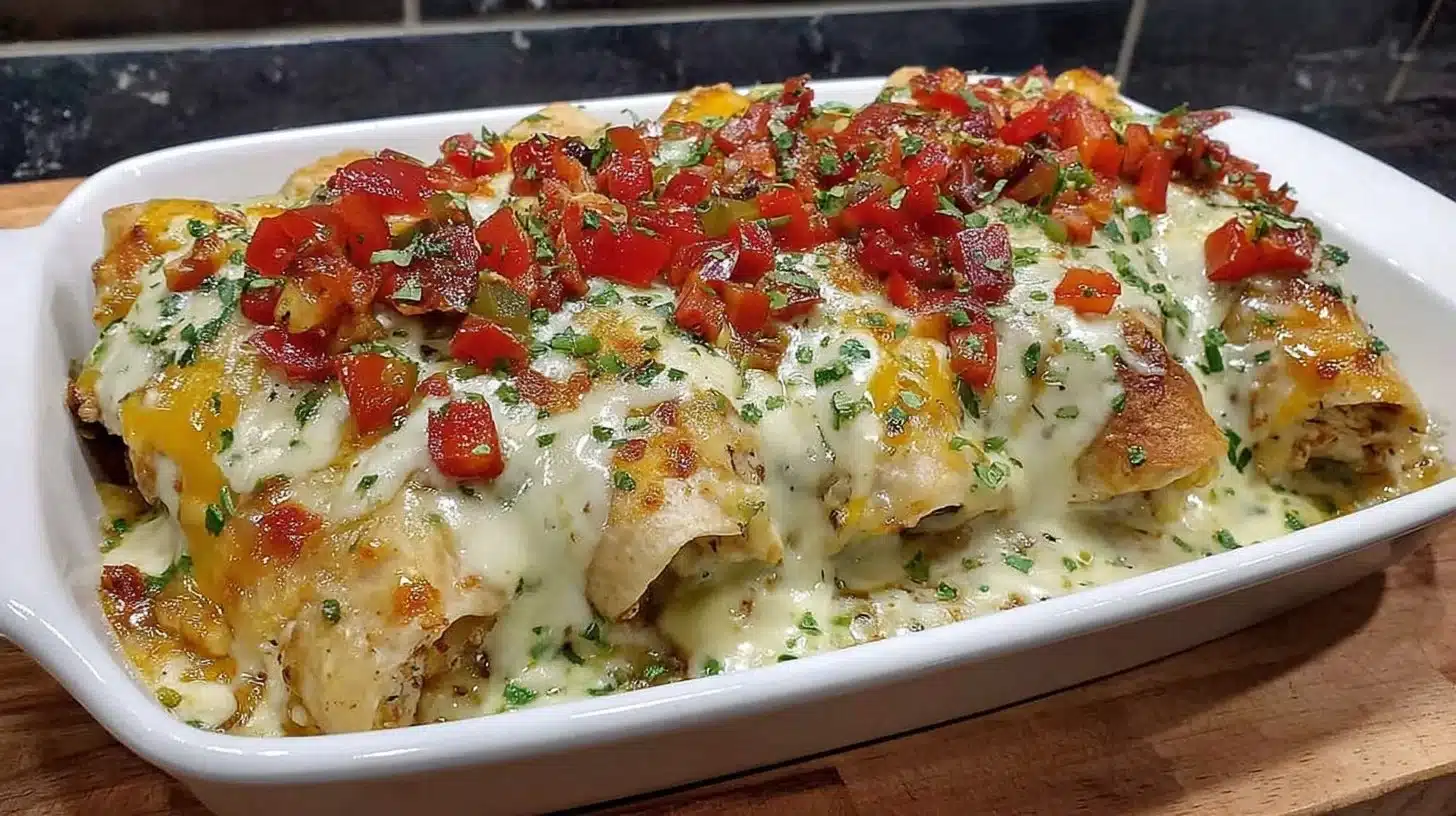 Healthy Chicken Burrito Casserole topped with cheese and fresh ingredients
