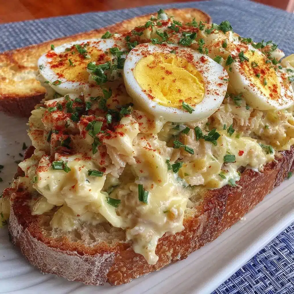Healthy tuna egg salad in a bowl, garnished with fresh herbs.