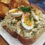 Healthy tuna egg salad served in a bowl with fresh vegetables