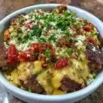 High-protein cheeseburger bowls topped with fresh ingredients