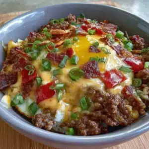 High-protein cheeseburger bowls filled with ingredients for a healthy meal.