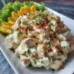 High protein cottage cheese chicken salad served in a bowl with fresh vegetables