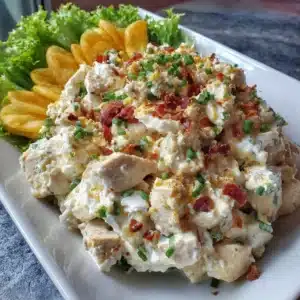 High protein cottage cheese chicken salad served in a bowl with fresh vegetables