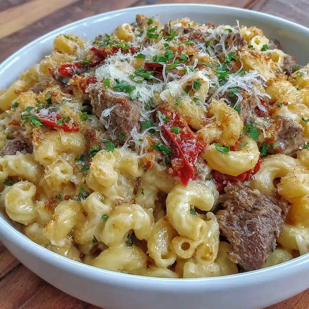 Creamy Philly cheesesteak mac and cheese topped with cheese and steak slices