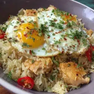 High protein crispy garlic chicken fried rice dish garnished with green onions.