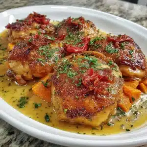 Honey garlic chicken served with roasted sweet potatoes on a plate.