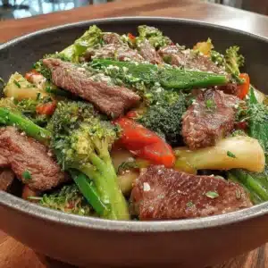 Colorful Keto Stir Fry with vegetables and protein in a bowl