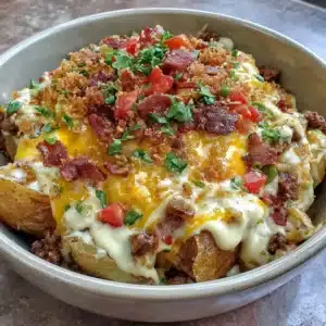 Delicious Loaded Potato Taco Bowl with crispy potatoes and flavorful toppings