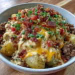 Delicious loaded potato taco bowl topped with fresh ingredients and flavors.