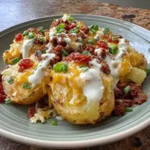 Delicious loaded potato taco bowls with toppings and fresh ingredients