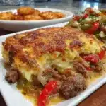 Low Carb Philly Cheesesteak Casserole served in a dish