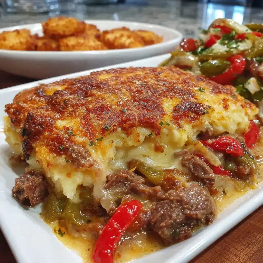 Low Carb Philly Cheesesteak Casserole served in a dish