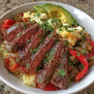 Low carb steak fajita bowl with colorful vegetables and seasoned steak