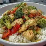 Quick gluten free chicken stir fry with colorful veggies in a skillet
