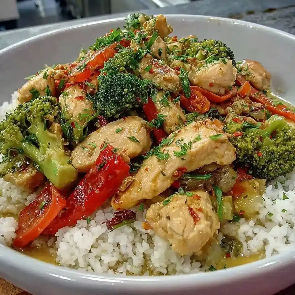 Quick gluten free chicken stir fry with colorful veggies in a skillet