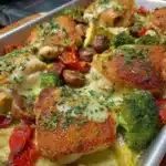 Sheet Pan Garlic Butter Chicken and Veggies recipe with fresh ingredients.