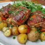 Sheet pan with lemon balsamic chicken and potatoes ready to serve.