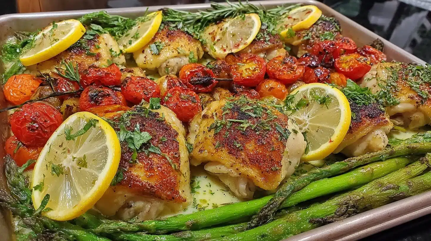 Sheet pan lemon herb chicken with colorful roasted vegetables