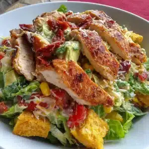 A vibrant Southwest Chicken Salad with grilled chicken, colorful vegetables, and dressing.