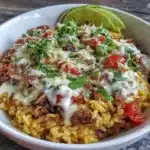 Delicious Taco Rice Bowl with seasoned meat, rice, beans, and fresh toppings