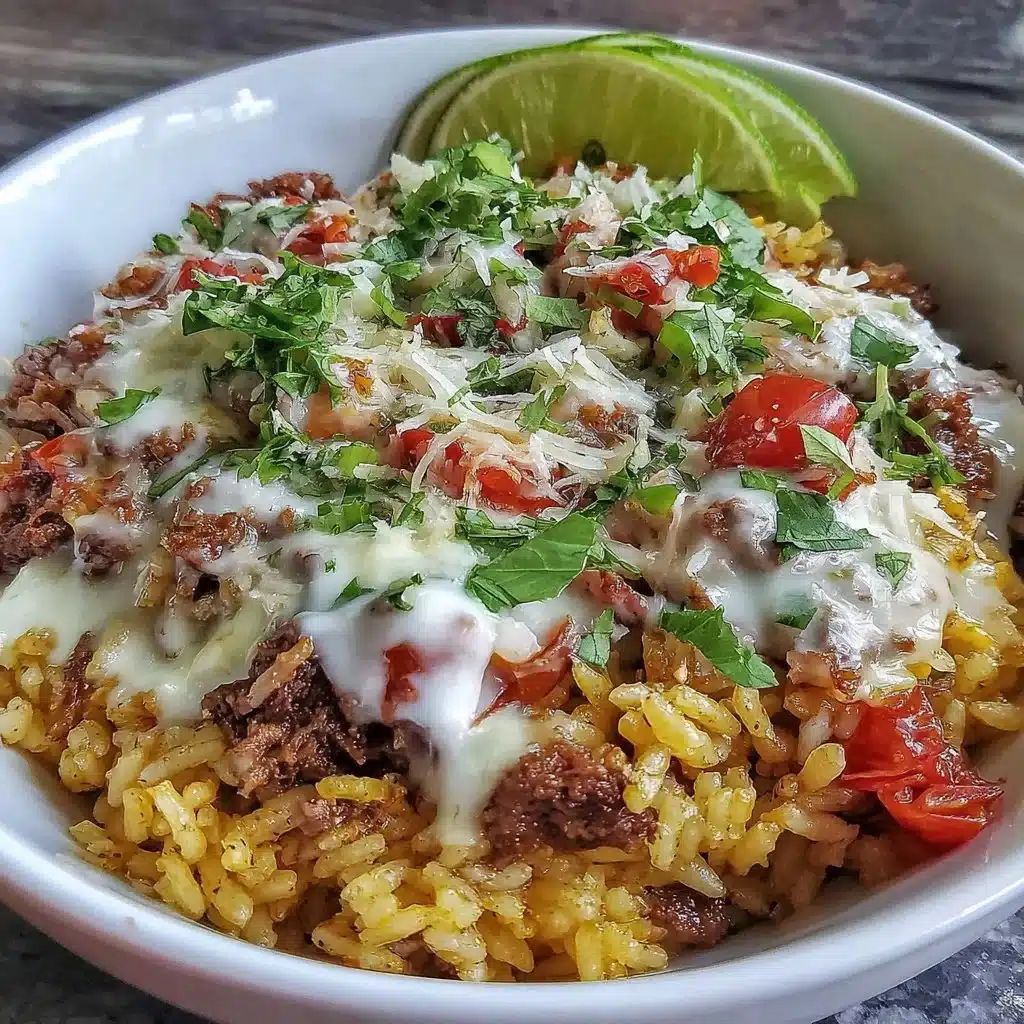 Delicious Taco Rice Bowl with seasoned meat, rice, beans, and fresh toppings